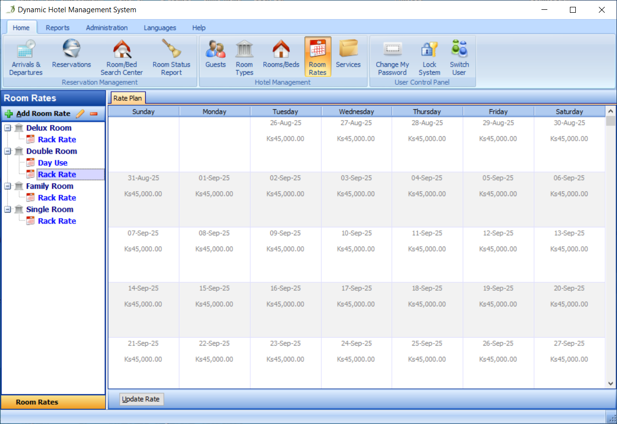 All the Rates in the Rate Plan Panel